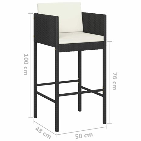 Barkrukken 4 st met kussens poly rattan zwart