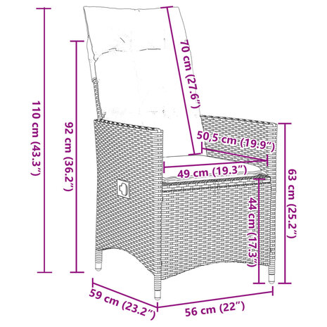 Tuinstoelen 2 st verstelbaar met kussens poly rattan grijs