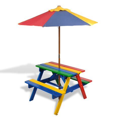 Kinderpicknicktafel met banken en parasol hout meerkleurig