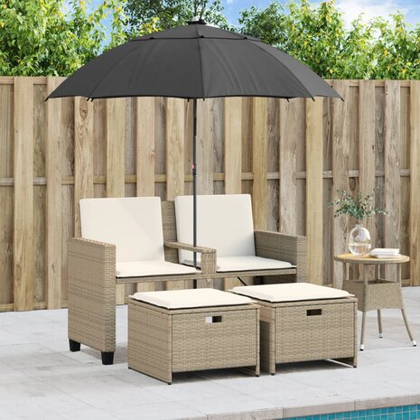 Tuinbank 2-zits met parasol en voetenbanken poly rattan beige