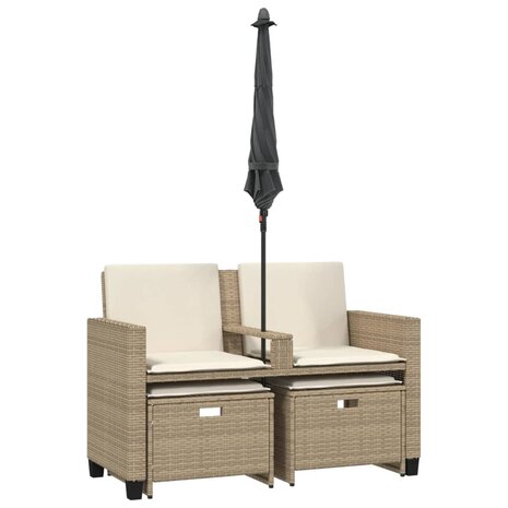 Tuinbank 2-zits met parasol en voetenbanken poly rattan beige