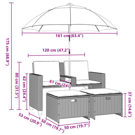 Tuinbank 2-zits met parasol en voetenbanken poly rattan beige