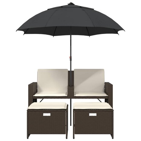 Tuinbank 2-zits met parasol en voetenbanken poly rattan bruin