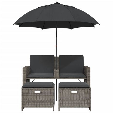 Tuinbank 2-zits met parasol en voetenbanken poly rattan grijs