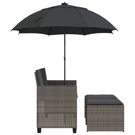 Tuinbank 2-zits met parasol en voetenbanken poly rattan grijs