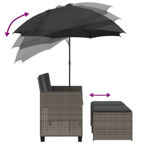 Tuinbank 2-zits met parasol en voetenbanken poly rattan grijs