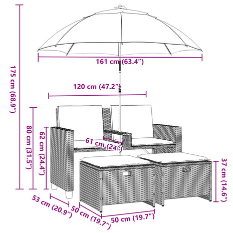 Tuinbank 2-zits met parasol en voetenbanken poly rattan grijs
