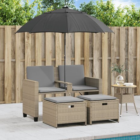 Tuinbank 2-zits met parasol en voetenbanken poly rattan beige
