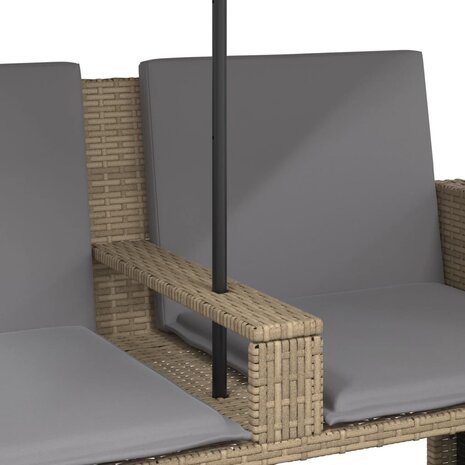 Tuinbank 2-zits met parasol en voetenbanken poly rattan beige