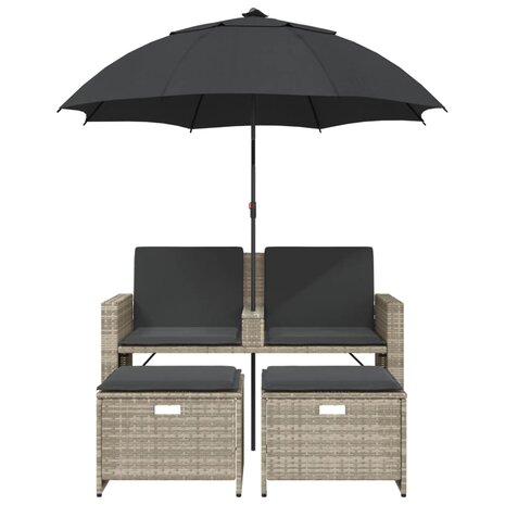 Tuinbank 2-zits parasol en voetenbanken poly rattan lichtgrijs