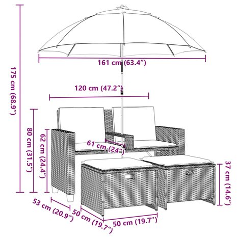 Tuinbank 2-zits parasol en voetenbanken poly rattan lichtgrijs