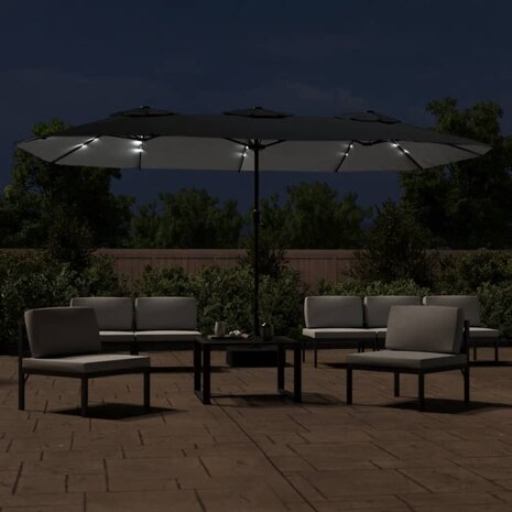 Parasol dubbel dak met LED 449x245 cm zwart